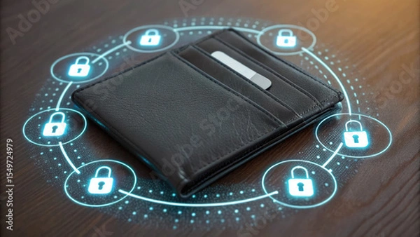 Fototapeta Black leather wallet surrounded by digital security icons, symbolizing secure financial transactions and data protection