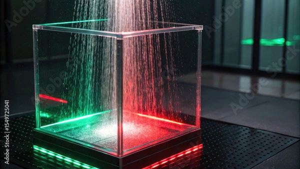 Fototapeta Glowing transparent cube illuminated with red and green lights is placed perforated surface, with water cascading down from above, creating