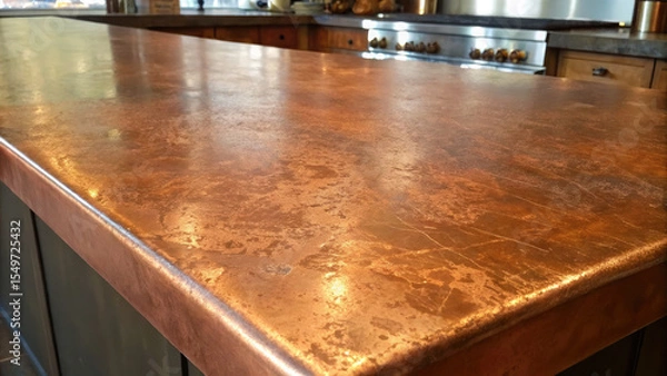Fototapeta Polished copper countertop with rustic finish adds warmth and elegance to modern kitchen setting