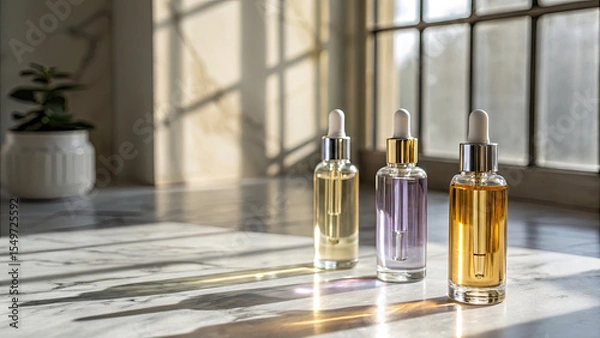 Fototapeta Elegant glass dropper bottles with colorful liquids sit on sunlit marble surface, creating serene and luxurious atmosphere