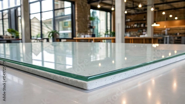 Fototapeta Modern kitchen countertop with sleek glass surface and concrete base, set in stylish industrial style kitchen with large windows and warm lighting