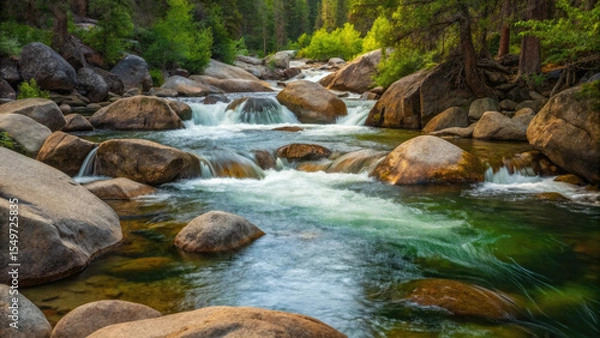 Fototapeta Serene forest river flows over smooth rocks, surrounded by lush green trees and vibrant vegetation, creating tranquil natural scene