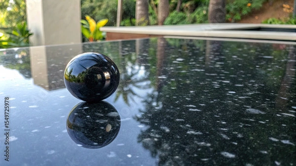 Fototapeta Shiny black sphere rests reflective granite surface, surrounded by lush greenery and palm trees background. serene setting adds tranquil vibe