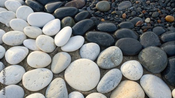 Fototapeta Smooth white and black pebbles arranged in gradient pattern on sandy surface, creating natural and calming aesthetic