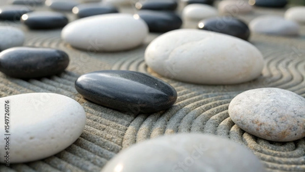 Fototapeta Smooth white and black stones arranged on raked sand in zen garden, creating tranquil and meditative atmosphere
