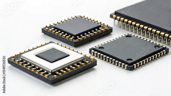 Fototapeta Microchips with gold pins arranged on white surface, showcasing modern electronic components for technology and computing applications