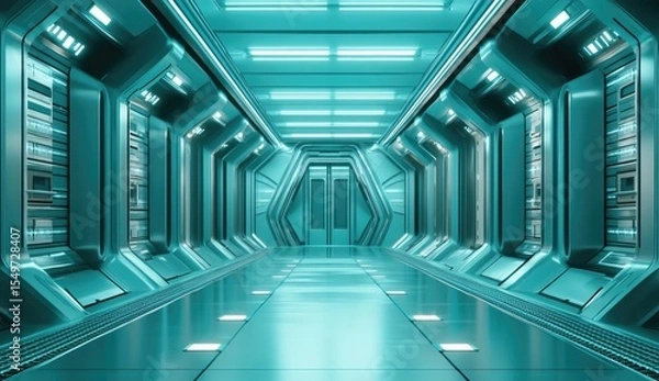 Obraz Futuristic teal corridor with metallic panels