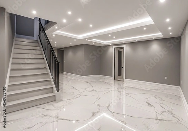 Obraz Modern, spacious basement with marble floor and gray walls