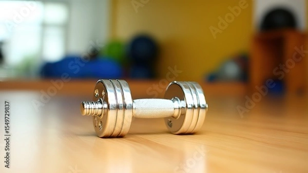 Fototapeta A lone chrome dumbbell on a wooden floor, symbolizing focus and strength in simplicity.
