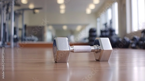 Fototapeta A lone chrome dumbbell on a wooden floor, symbolizing focus and strength in simplicity.