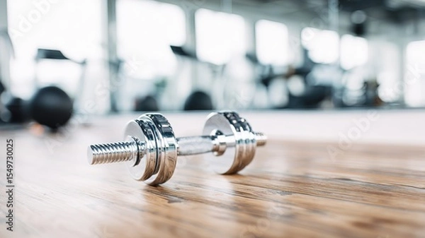 Fototapeta A lone chrome dumbbell on a wooden floor, symbolizing focus and strength in simplicity.