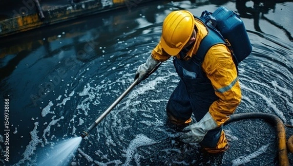 Obraz Worker cleans oily water