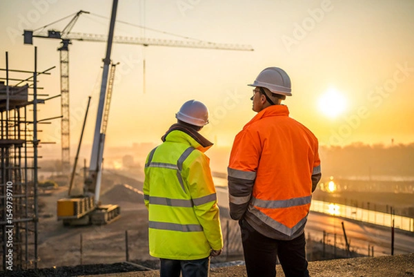 Fototapeta A realistic moment featuring two construction workers