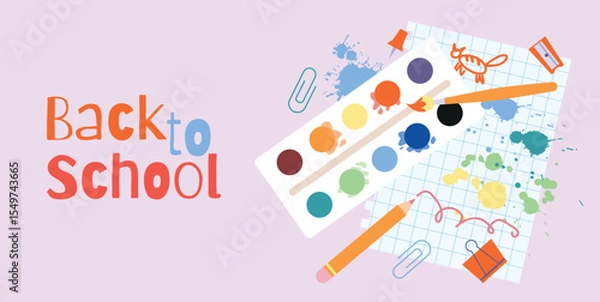Obraz Back to School Poster with Paint Palette, Paintbrush, Pencil, Sharpener, Clip, Pin, Color Splatters and Hand Drawn Doodles on Grid Paper. Vector Illustration