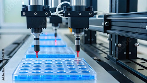 Fototapeta Automated robotic arms precisely dispensing liquid into plastic trays in modern laboratory setting, showcasing advanced technology