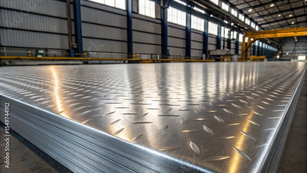 Fototapeta Shiny aluminum checker plate in large industrial warehouse, reflecting light and showcasing its textured surface