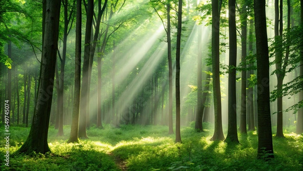 Fototapeta Serene forest scene with sunlight streaming through tall trees, illuminating lush green foliage and creating peaceful atmosphere