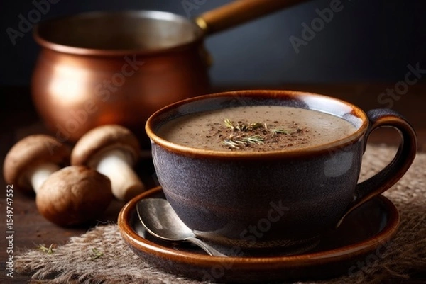 Fototapeta Mushroom soup in brown ceramic mug served on matching saucer with silver spoon against a copper pot and burlap mat
