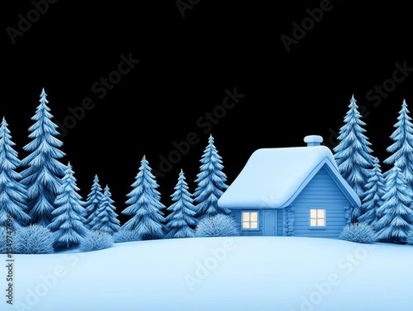 Obraz Winter Cabin in a Blue Forest