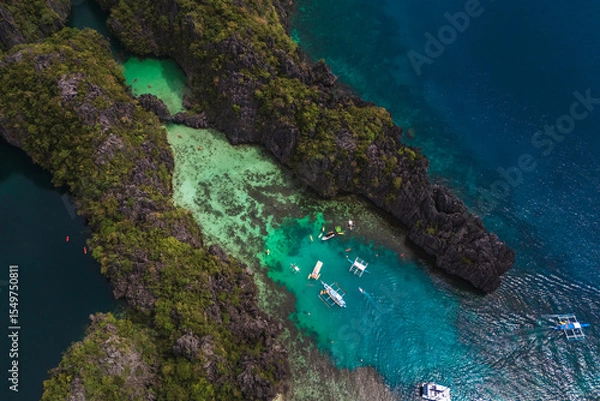 Obraz Bird's eye top View of the Big Lagoon and Limestone Islets of Minoloc Island, Surrounded by Turquoise Waters in El Nido, Palawan, Philippines
