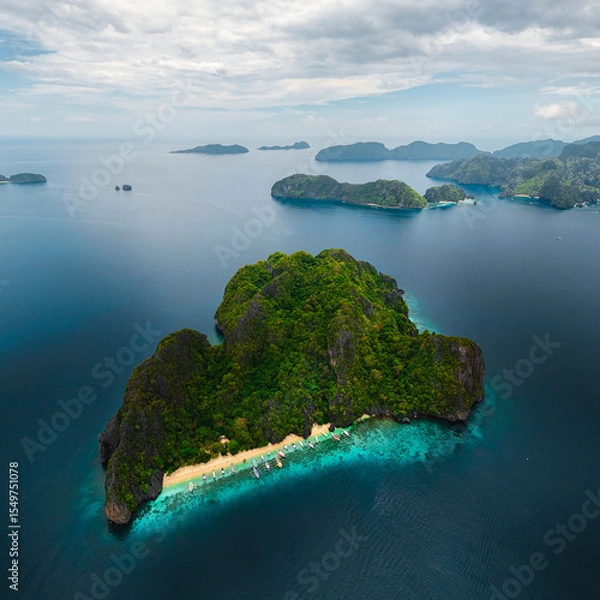 Obraz Wide Scenic Aerial Panorama of Bangka Boats Docked in Entalula Island’s Limestone Cliffs and Surrounding Islets in El Nido, Palawan, Philippines
