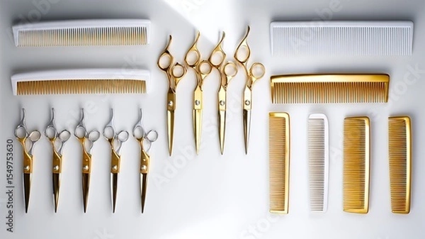 Fototapeta Professional hairdressing tools symmetrically arranged, showcasing precision and elegance in styling essentials.