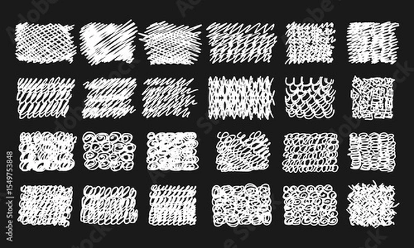 Fototapeta Twenty four different hand drawn textures. White doodles and squiggles on black background. Vector set