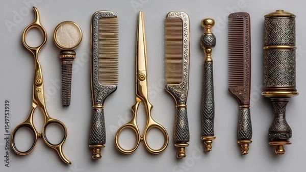Fototapeta Professional hairdressing tools symmetrically arranged, showcasing precision and elegance in styling essentials.