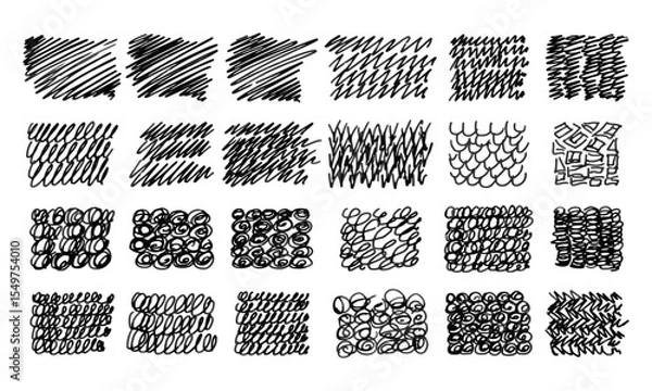 Fototapeta Twenty-four different hand-drawn textures imitating various artistic tools. Doodles and squiggles. Vector set