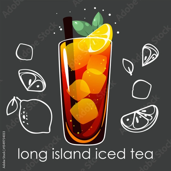 Fototapeta Long Island cocktail with ice on dark background. Summer refreshing drink with lemon wedge, ice cubes and mint. Vector illustration.