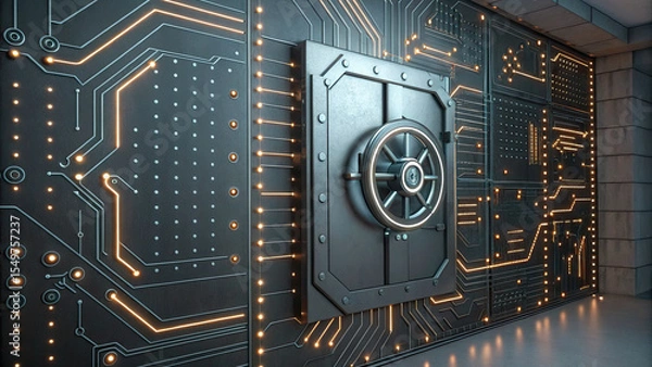 Fototapeta Futuristic vault door embedded in glowing circuit board wall, symbolizing advanced security and technology