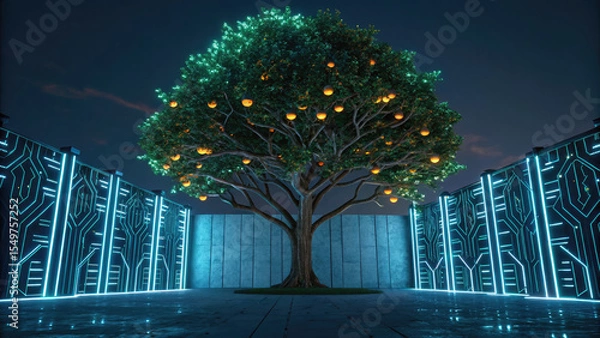 Fototapeta Glowing tree with illuminated fruits stands futuristic courtyard surrounded by high tech walls with neon blue circuit patterns, creating surreal