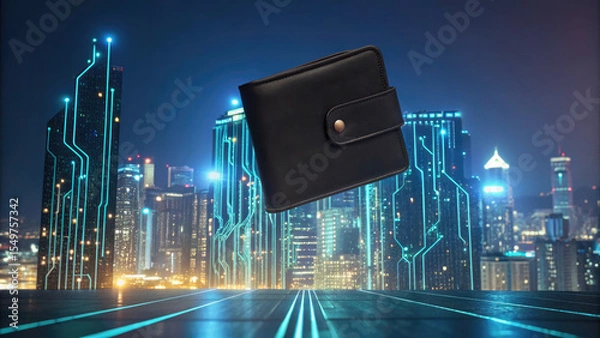 Fototapeta Sleek black wallet floating against futuristic cityscape with glowing neon lights and circuit like patterns, evoking modern and tech savvy vibe