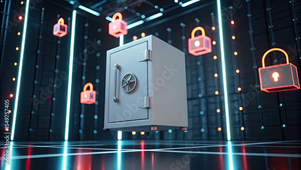 Fototapeta Secure vault floating in futuristic digital environment with glowing padlocks symbolizing data protection and cybersecurity