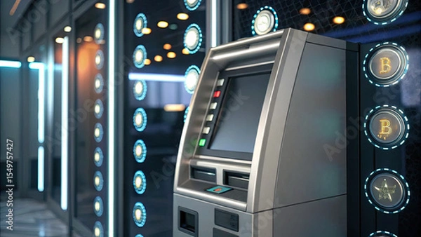 Fototapeta Modern cryptocurrency ATM machine in sleek, futuristic setting, surrounded by glowing Bitcoin symbols and digital displays