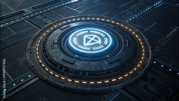 Fototapeta Futuristic glowing circular platform with intricate metallic details and illuminated blue and orange lights, evoking high tech, sci fi atmosphere