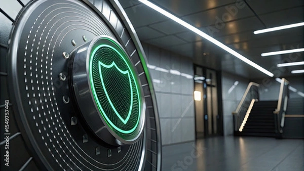 Fototapeta Futuristic security vault door with glowing green shield icon, symbolizing advanced protection, in modern, sleek interior setting