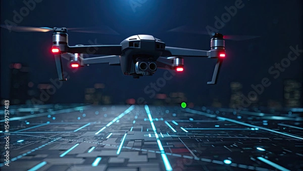 Fototapeta Futuristic drone with glowing red lights hovers over digital cityscape, showcasing advanced technology and innovation