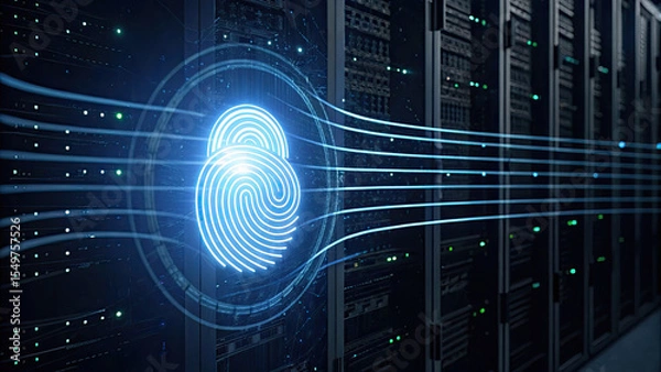 Fototapeta Glowing fingerprint icon with digital lines represents cybersecurity and data protection in server room environment
