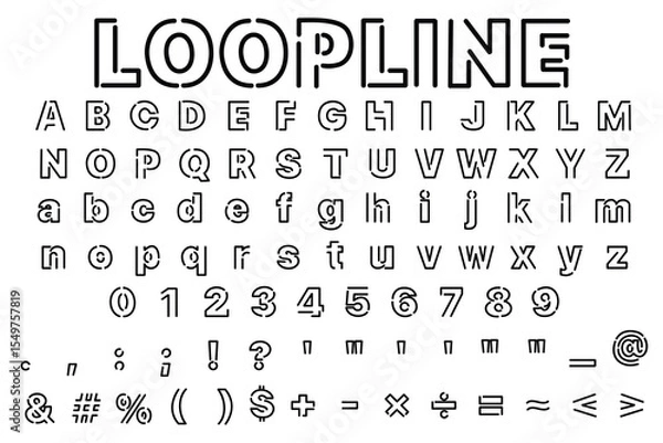Fototapeta Creative modern outline font showcasing uppercase, lowercase letters, numbers, and symbols in unique Loopline style on white background.
