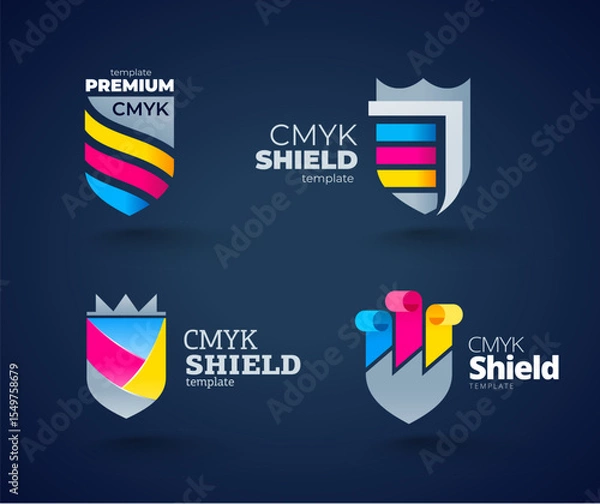 Obraz Set Logo Shield CMYK color Printing theme. Template design vector. Black background.