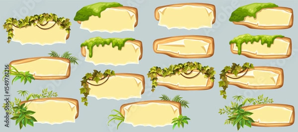 Obraz Wooden signboards with old paper, stems ivy, liana, grapes, vine, swamp moss, forest lichen. Set blank invitations, maps, jungle plants. 3d elements for messages, banners, notebooks, mobile games.