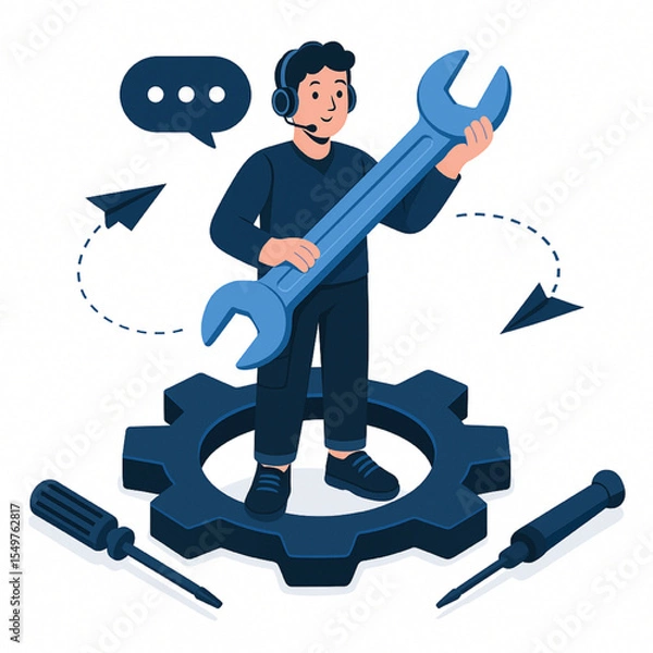 Obraz A tech support agent stands on a gear holding a large wrench symbolizing efficient problem solving and technical assistance for online customer service and help desk solutions.