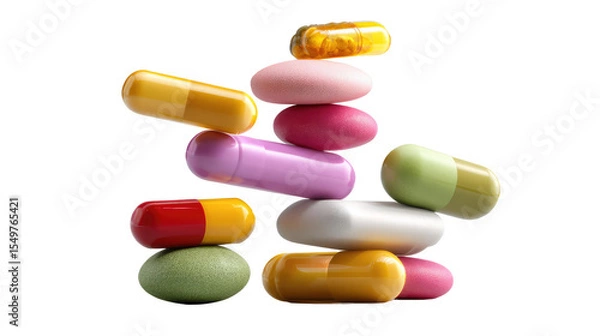 Obraz Pill Stack: A collection of colorful pills stacked in a precarious yet captivating display, showcasing the diverse forms of medication used in healthcare.