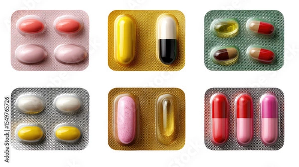 Obraz Medical Assortment: A vibrant selection of pills and capsules, neatly arranged in blister packs, offering a visual narrative of health and wellness, ready for consumption.