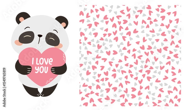 Obraz Vector set of prints to print on children's products for Valentine's Day. Cute panda in love holding a big heart, inscription I love you. Seamless vector pattern with hearts. Vector illustration