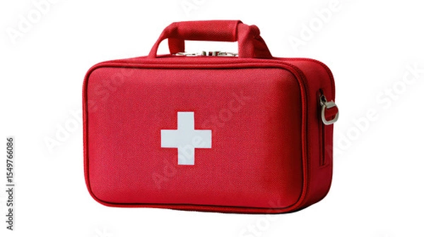 Obraz Essential Emergency Kit: A striking red first-aid kit, emblazoned with a prominent white cross, symbolizing readiness and providing hope in times of need.