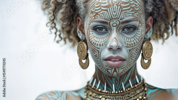 Obraz Close-up portrait of an African American woman with intricate face paint and gold jewelry. Her curly hair frames her face, creating a striking visual.