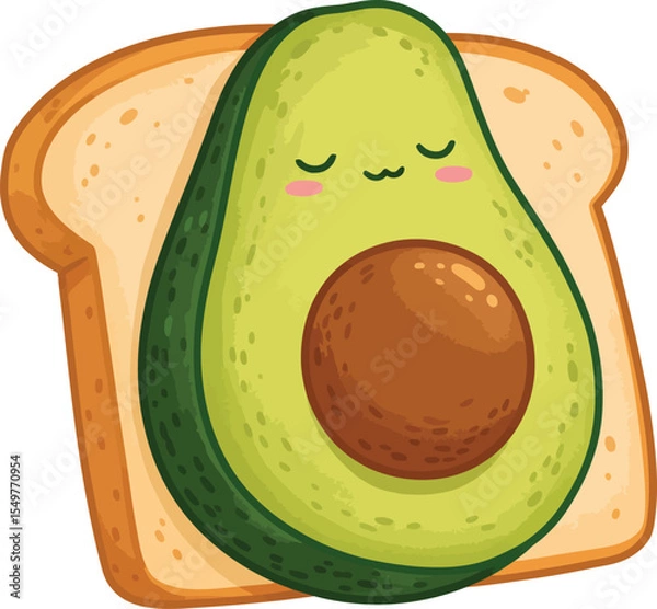 Fototapeta Digital illustration of a cute avocado sleeping on a toast bread, isolated on white background