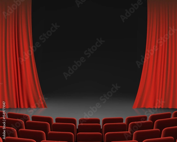 Obraz Performance theater stage with red curtain and chairs. Vector illustration